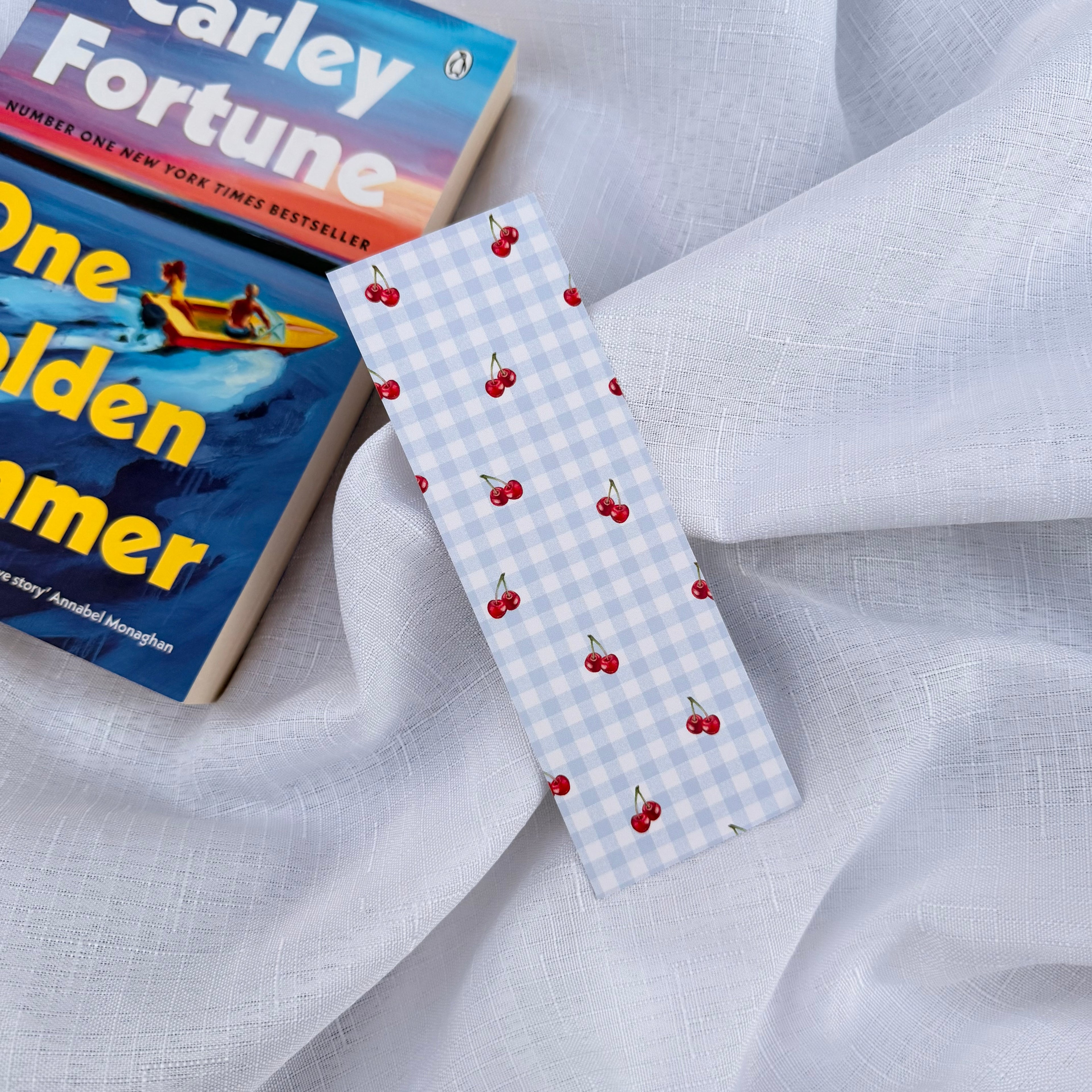 Blue Cherry Gingham Bookmark